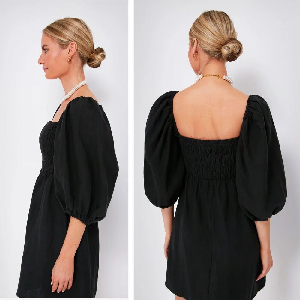Tuckernuck Women Size M Black Annie Smocked Balloon Sleeve Linen Mini Dress
